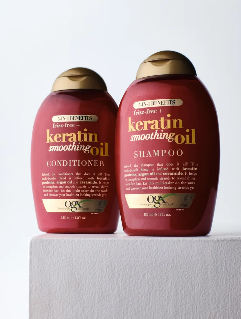OGX 5 in 1 Benefits Frizz Free + Keratin Smoothing Oil Shampoo and Conditioner