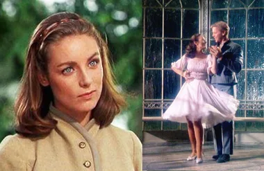 "Julie Andrews as Maria in 'The Sound of Music' and a scene of her dancing with Christopher Plummer."