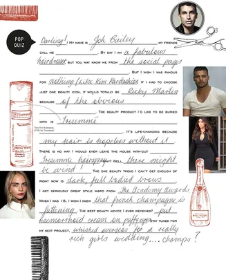 Handwritten pop quiz addressed to Joh Bailey discussing beauty products, preferences, and inspirations like TRESemmé, Ricky Martin, and Kim Kardashian.