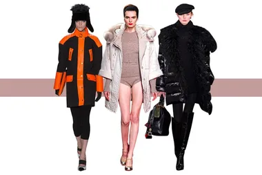 Three models in winter fashion: orange parka with fur hat, white fur-lined coat with shorts, and black fur-trimmed coat with boots.