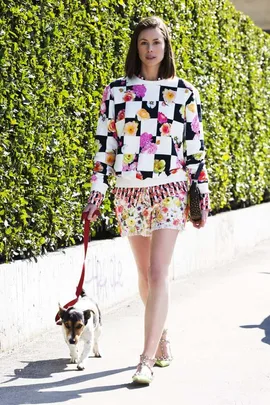 Woman in floral outfit walks a small dog on leash, against a green hedge background.