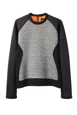 Gray quilted sweatshirt with black sleeves and an orange inner lining, featuring a back zipper.