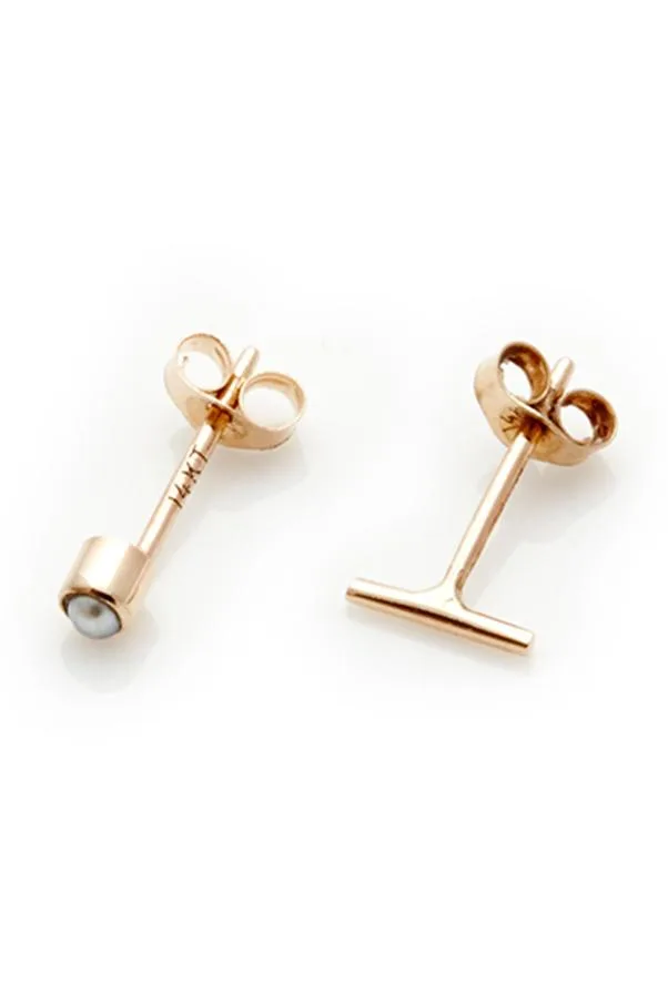 Rose gold minimalist T-bar and round earrings on white background.