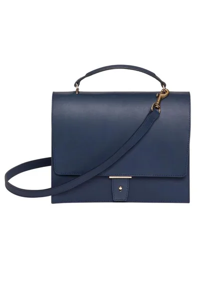 A sleek blue leather handbag with a top handle and shoulder strap, featuring a minimalist design and gold hardware.