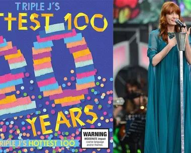 Triple J’s “Hottest 100” poster with "20 Years" and a woman in a blue dress singing on stage.