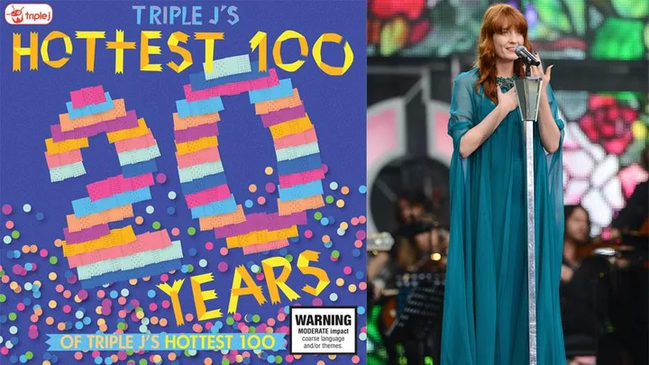 Triple J’s “Hottest 100” poster with "20 Years" and a woman in a blue dress singing on stage.