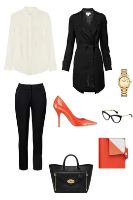 Outfit ensemble with white blouse, black coat, pants, orange heels and wallet, black bag, gold watch, and glasses.