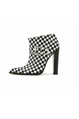 Black and white checkered high-heeled ankle boot with a buckle.