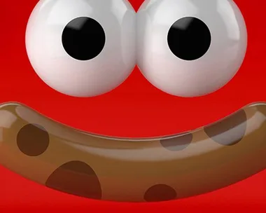 Googly eyes and a curved sausage-like mouth with spots on a red background, resembling a playful, happy face.