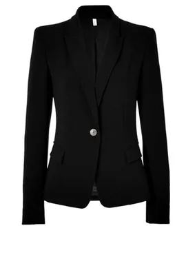 Black blazer with a single button closure and notched lapels on a white background.