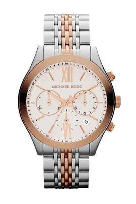 Michael Kors men's watch with silver and rose gold bracelet, white face, and chronograph features.