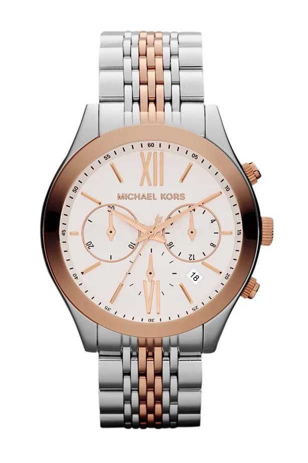 Michael Kors men's watch with silver and rose gold bracelet, white face, and chronograph features.