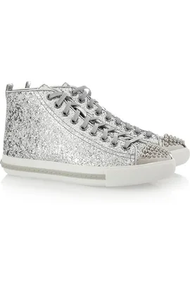 Silver glitter high-top sneakers with studded toe caps, featuring white laces and soles.