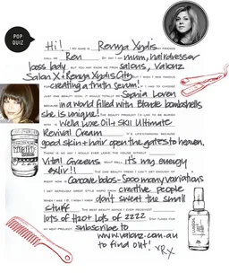 Handwritten quiz by Renya Xydis about personal and professional likes with images of Renya, a woman with a bob cut, hair oil, and Vital Greens.