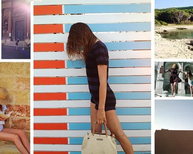 Collage of summer scenes: a woman at an airport, reading by a stone wall, beach and scenic views, girls jumping in joy.