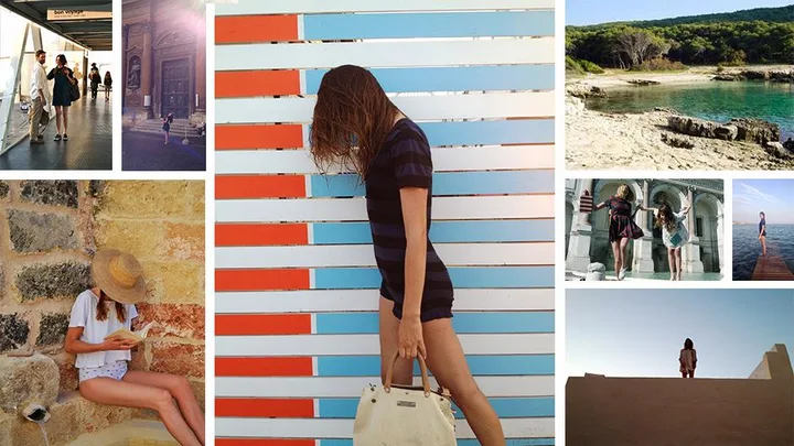 Collage of summer scenes: a woman at an airport, reading by a stone wall, beach and scenic views, girls jumping in joy.