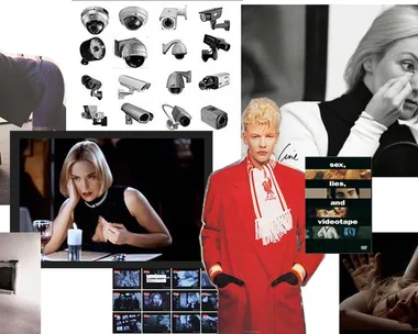 Collage with woman applying makeup, CCTV cameras, and movie scenes including "Sex, Lies, and Videotape" poster and a blonde woman at a table.