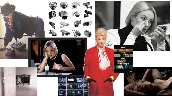 Collage with woman applying makeup, CCTV cameras, and movie scenes including "Sex, Lies, and Videotape" poster and a blonde woman at a table.