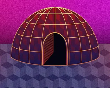 Illustration of an igloo with a purple gradient background and a geometric patterned ground.