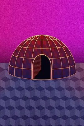 Illustration of an igloo with a purple gradient background and a geometric patterned ground.