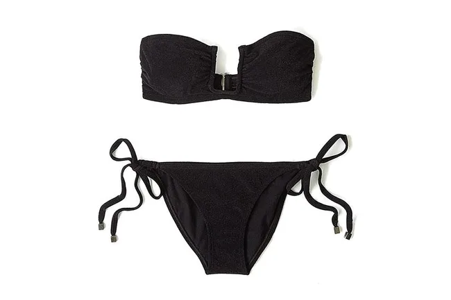 Black strapless bikini with tie-side bottoms.