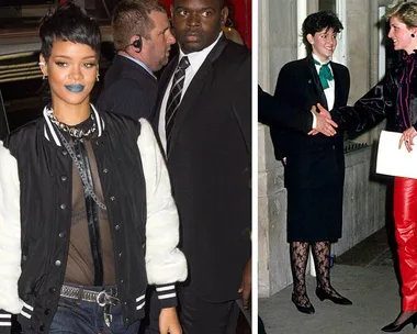 Rihanna in a black jacket and blue lipstick; Princess Diana in red pants and black jacket shaking hands with a woman.