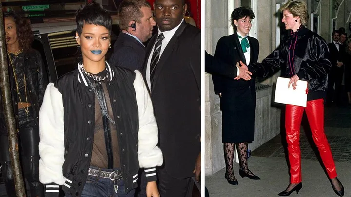 Rihanna in a black jacket and blue lipstick; Princess Diana in red pants and black jacket shaking hands with a woman.