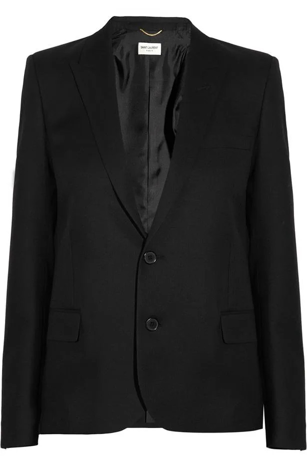 Black Saint Laurent blazer with two buttons and a notched lapel, showcasing classic tailoring.