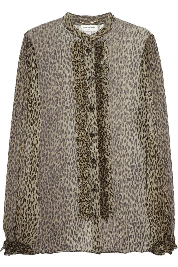 A sheer leopard print blouse with ruffled detailing down the front, featuring a high collar.