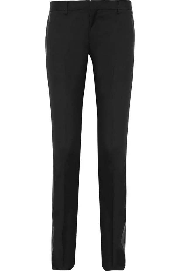 Black tailored dress pants with a straight-leg fit, displayed against a white background.