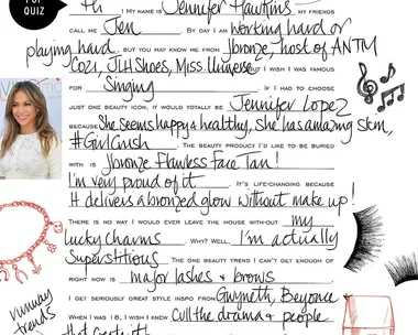 Handwritten responses by Jennifer Hawkins to a pop quiz in ELLE magazine, with images of her and beauty products.