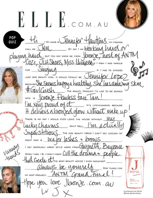 Handwritten responses by Jennifer Hawkins to a pop quiz in ELLE magazine, with images of her and beauty products.