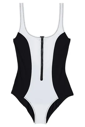 Black and white one-piece swimsuit with a front zipper and contrast stitching, featuring a sleek modern design.