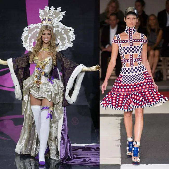 Two models in elaborate costumes: one in regal, ornate attire, the other in a checkered, modern design on a runway.