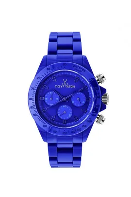 Bright blue ToyWatch with a sleek design, featuring three subdials and silver crown and pushers.