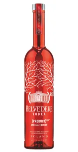 Red Belvedere Vodka Special Edition 70cl bottle displays white tree branches and classic building, with "PRODUCT(RED)" label.
