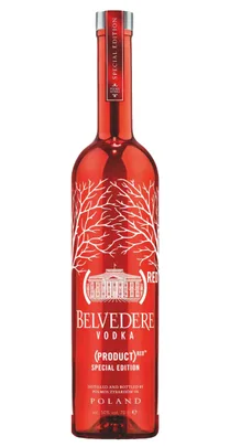 Red Belvedere Vodka Special Edition 70cl bottle displays white tree branches and classic building, with "PRODUCT(RED)" label.