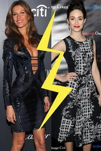 Gisele Bündchen and Emmy Rossum posing separately at events with a yellow lightning bolt graphic between them.