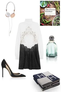 Gift guide items: headphones, cookbook, dress, perfume, high heel, blanket.