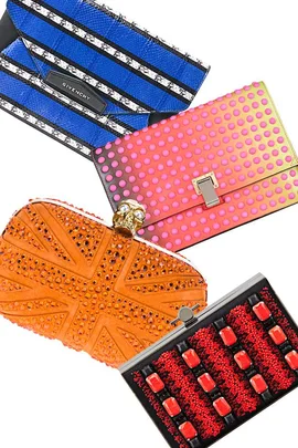 Colorful designer clutches: blue Givenchy, pink studded, orange British flag with skull clasp, and red jeweled pattern.