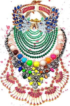 A vibrant collage of colorful, ornate jewelry featuring various designs and gemstones in a layered arrangement.