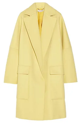 Yellow pastel coat with large lapels and front pockets on a white background.