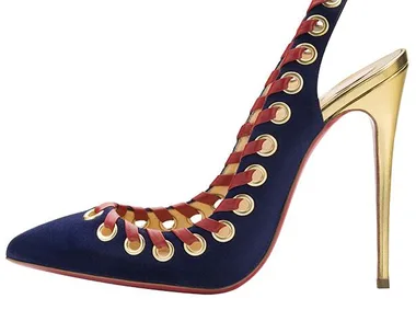 Christian Louboutin AW14: Blue high-heeled shoe with gold heel, red laces, and gold eyelets.