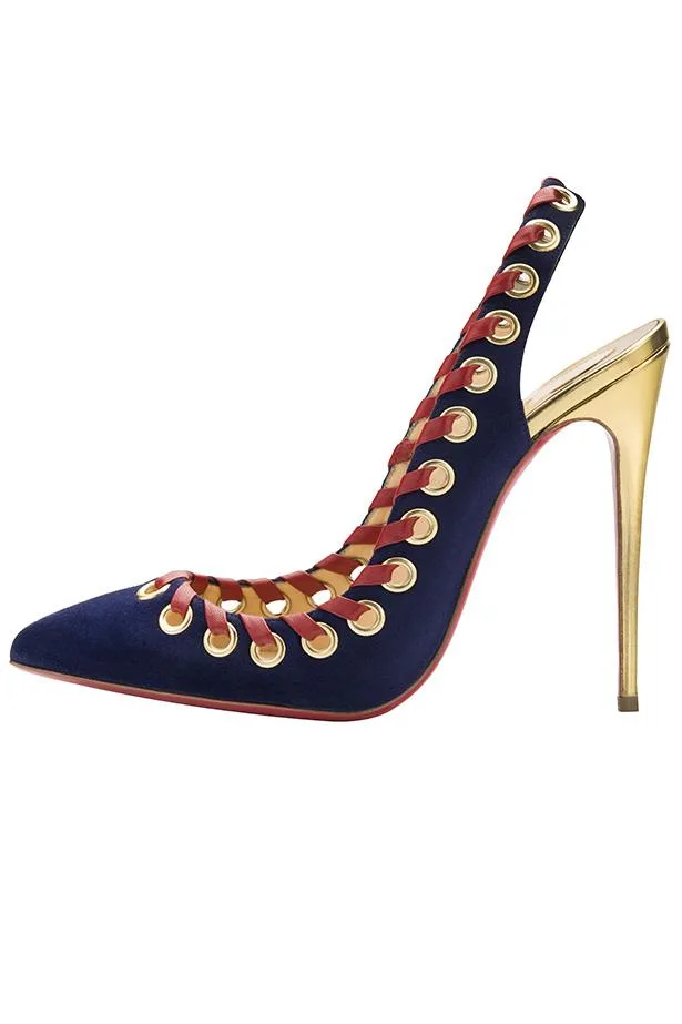 Christian Louboutin AW14: Blue high-heeled shoe with gold heel, red laces, and gold eyelets.