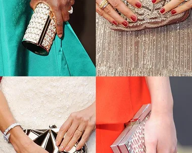 Close-up of four different clutch bags styled with elegant gowns, showcasing intricate designs and luxury jewelry.