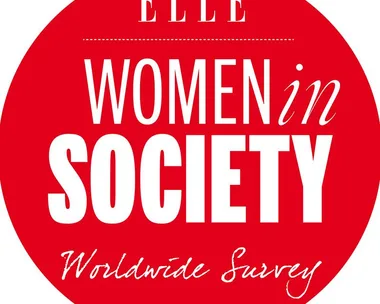 Red circle with text "ELLE Women in Society Worldwide Survey" in white font.