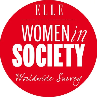 Red circle with text "ELLE Women in Society Worldwide Survey" in white font.