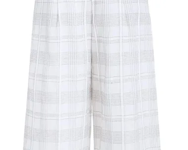 White check patterned wide-leg pants with a high waist and cuffed hems.