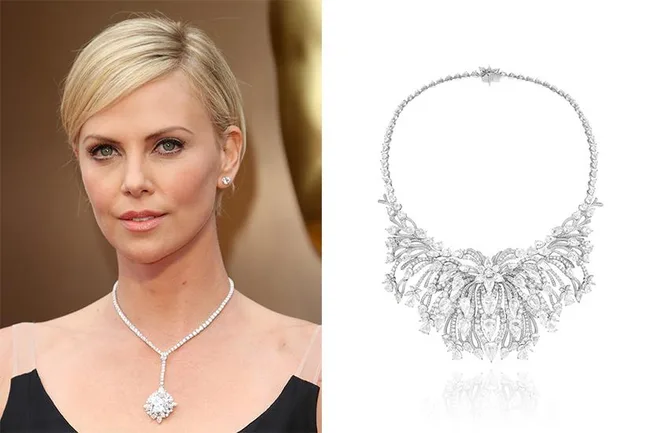 Blonde woman with diamond necklace on red carpet; ornate diamond necklace on right.