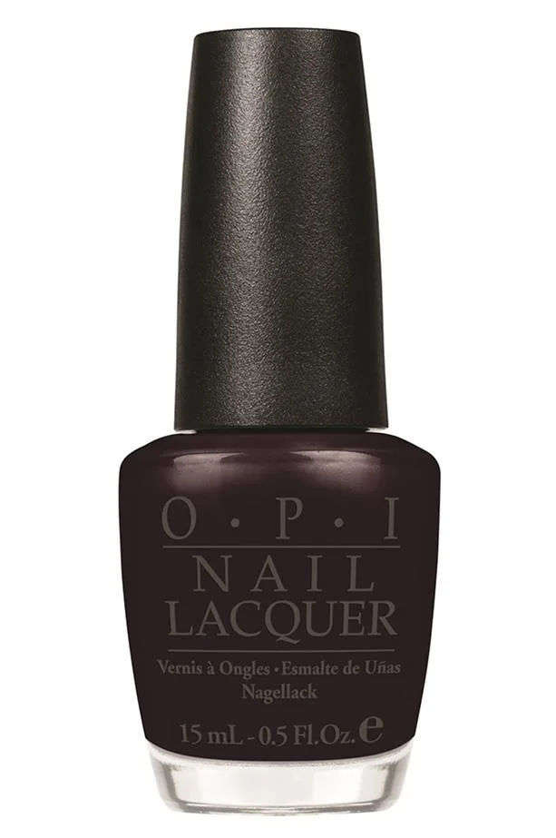 OPI dark brown nail polish bottle with black cap, labeled "Nail Lacquer," suitable for autumn.